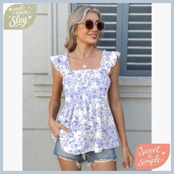 Ruffle Sleeve Smocked Tank Top, Square Neck Babydoll Shirt, Polyester Blend - Picture 5 of 7
